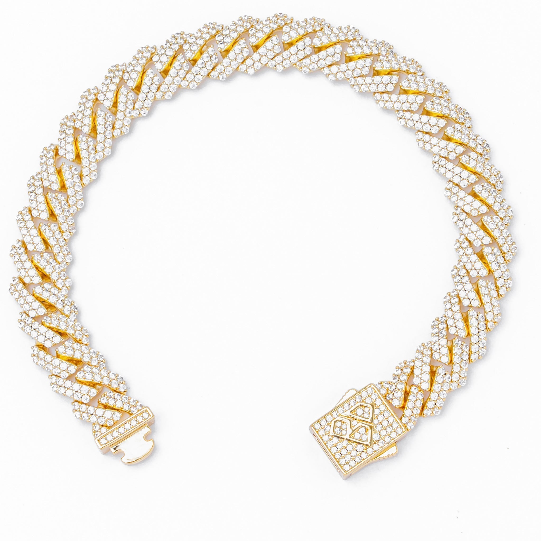 10mm straight edge Cuban bracelet open clasp view showing diamond iced out gold links