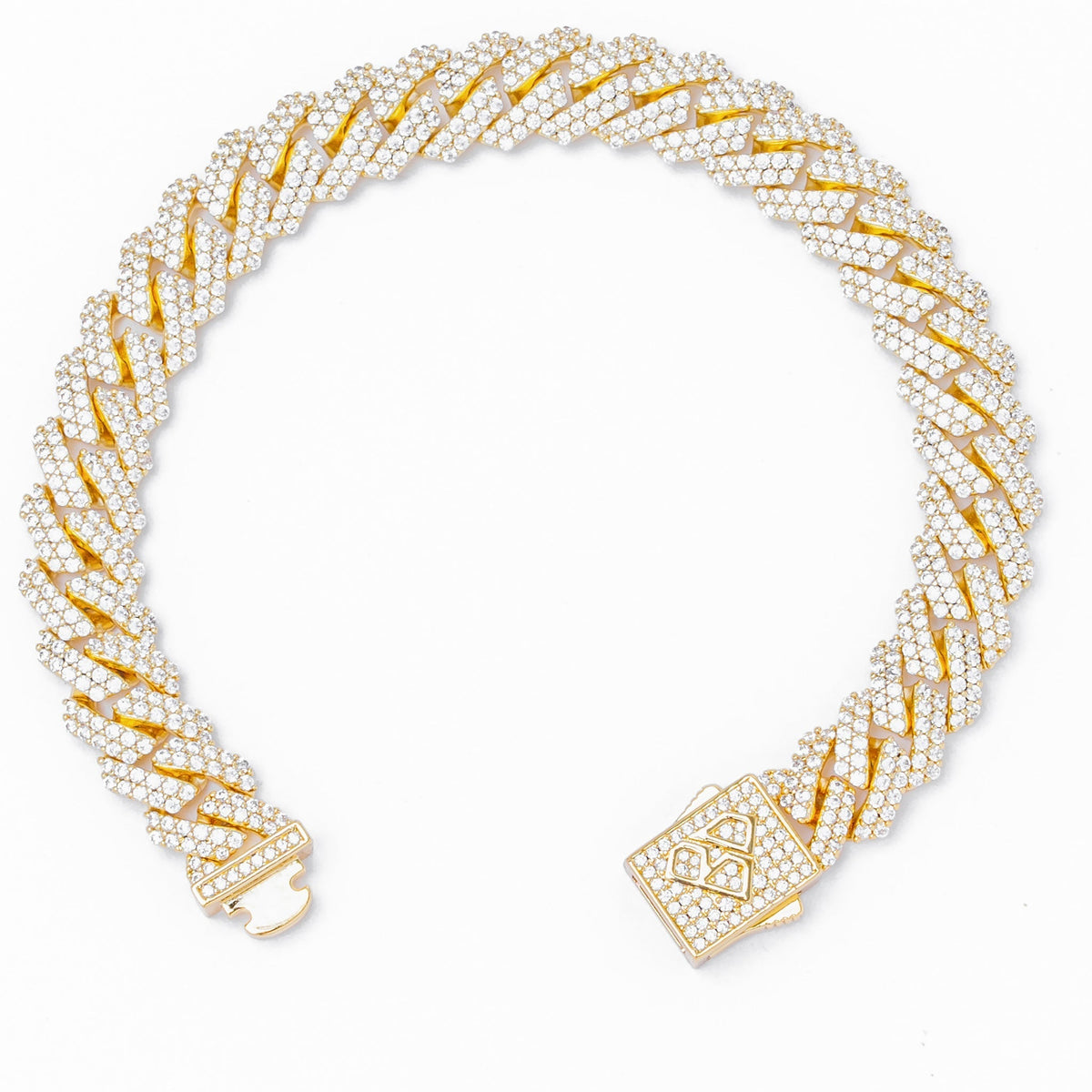 10mm straight edge Cuban bracelet open clasp view showing diamond iced out gold links