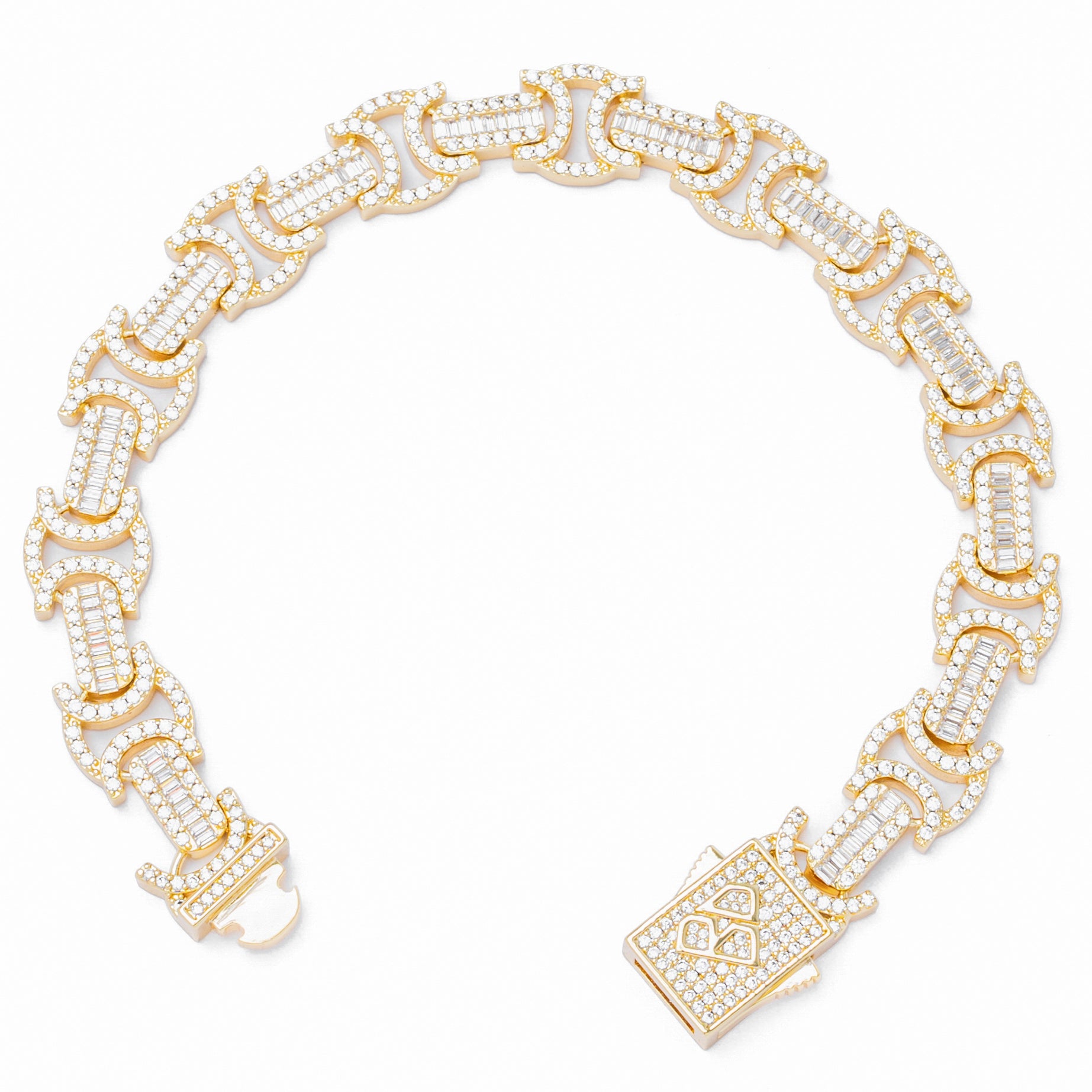 12MM Byzantine bracelet in gold with baguette-cut crystal details, opened clasp view