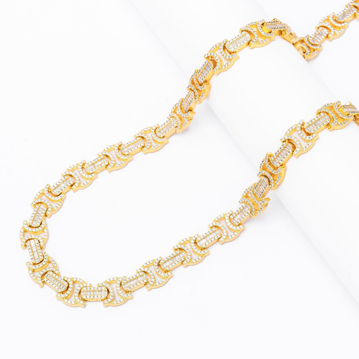 Full length view of Big Daddy 12MM Byzantine gold chain with iced out crystal settings