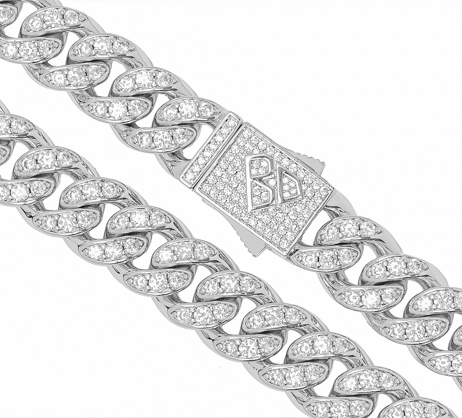 Close-up of 12MM Cuban link chain with iced out stones and branded clasp detail
