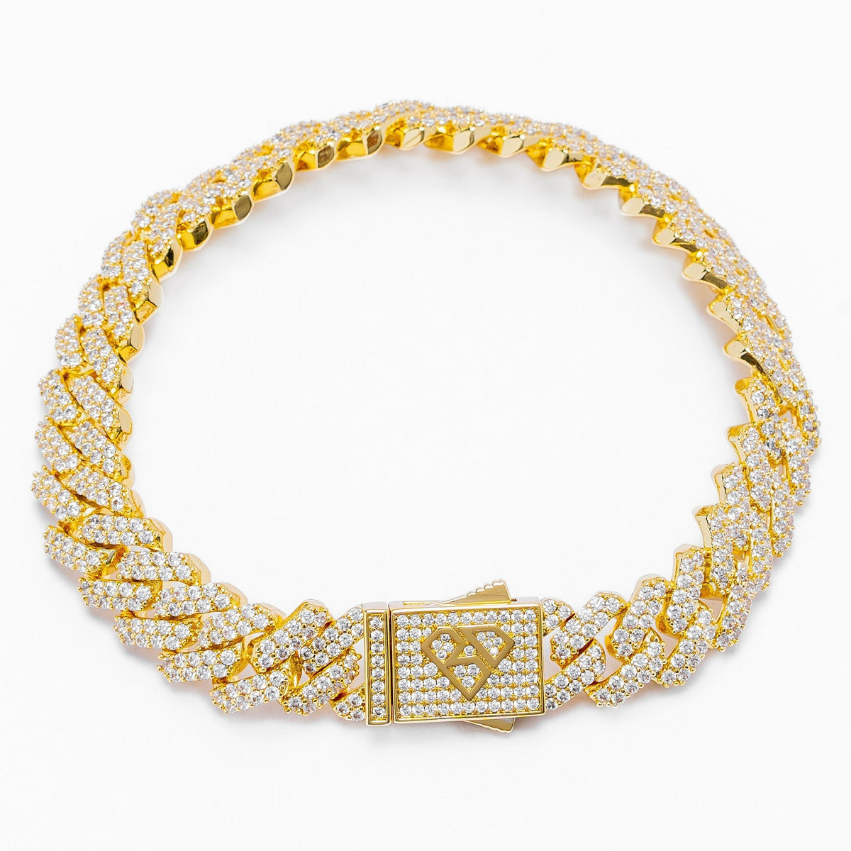 Big Daddy 12MM full iced out Cuban gold bracelet with diamond accents and box clasp