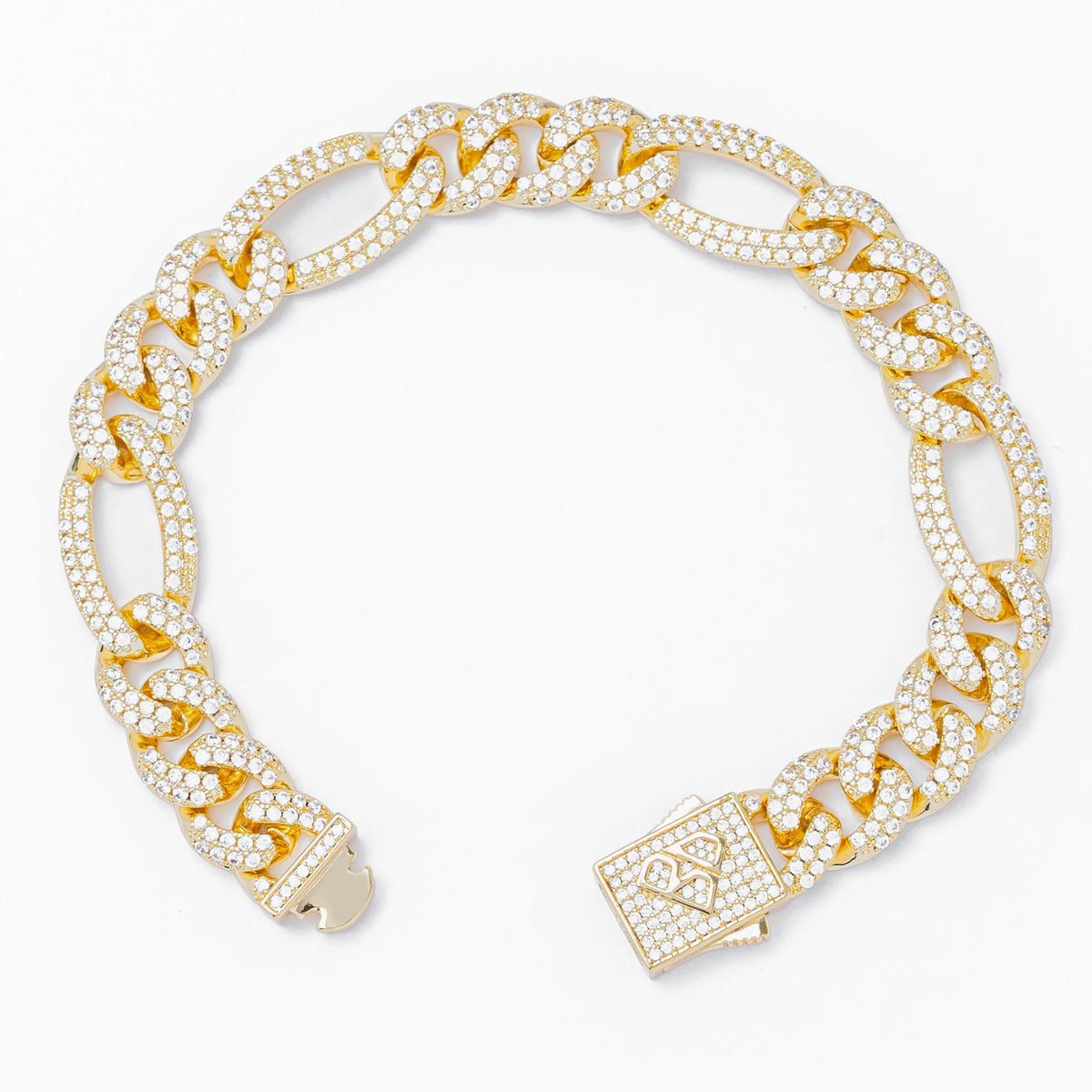 Big Daddy 12MM iced Figaro gold bracelet clasp detail open view