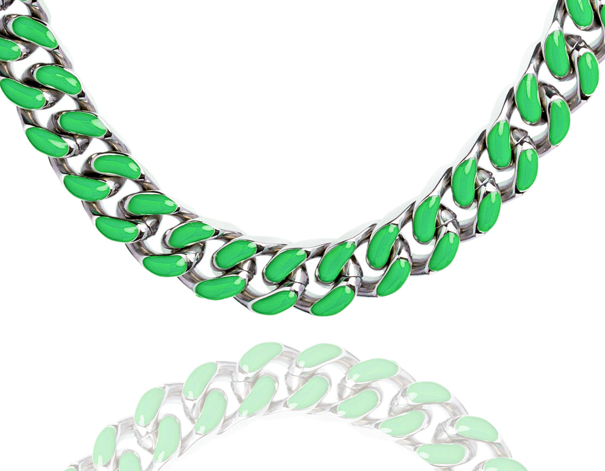 Big Daddy 13MM green enamel steel Cuban chain with silver links