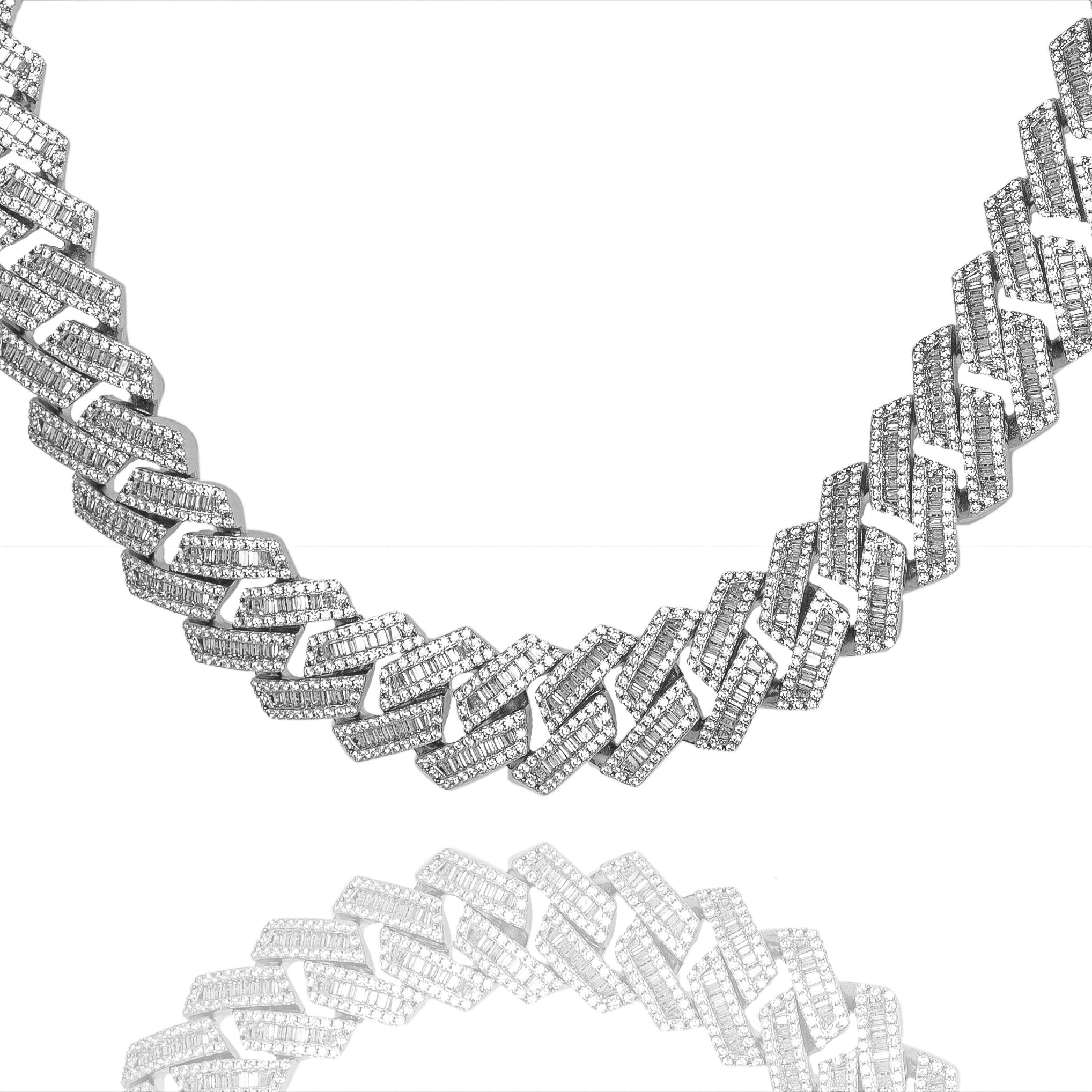 Big Daddy 16MM baguette iced out Cuban link silver chain with reflective surface