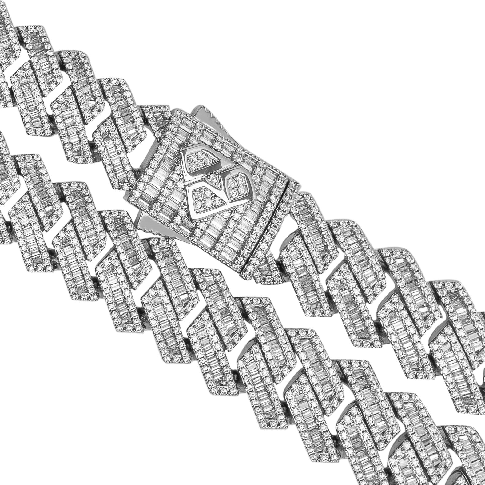 Angled view of Big Daddy 16MM Cuban link chain showing baguette diamond details and clasp
