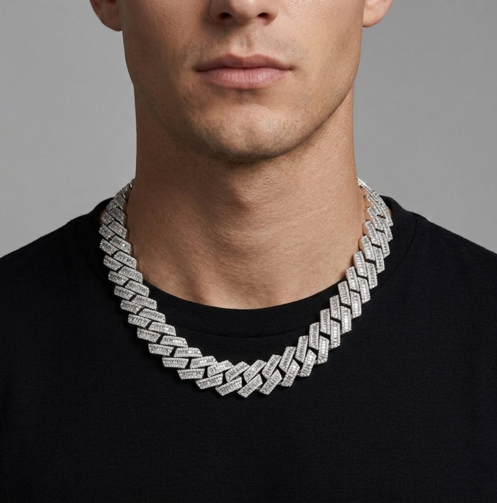 Big Daddy 16MM Baguette Iced Out Cuban Link Silver Chain