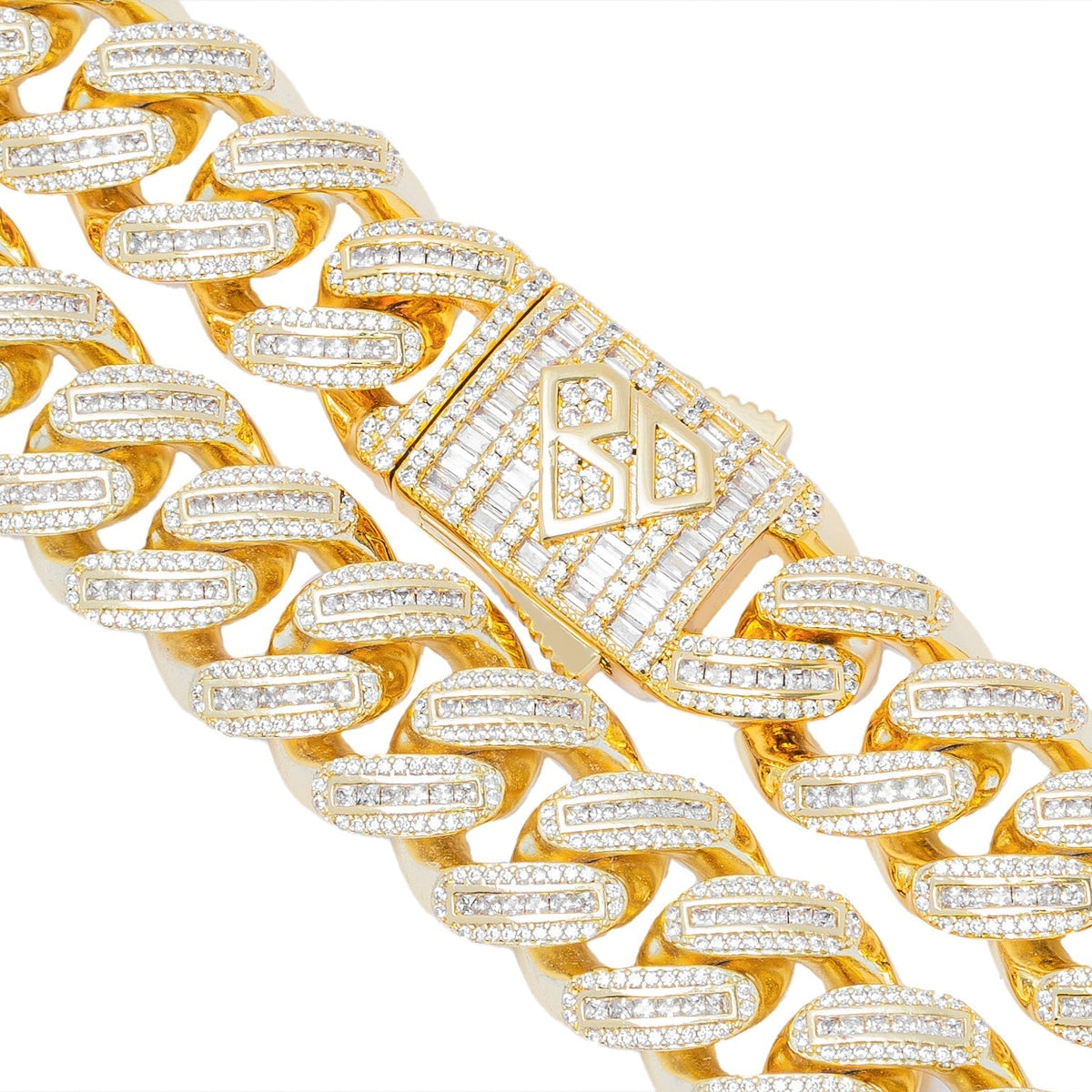 Close-up angle view of 18MM Cuban link chain showing baguette diamonds and diamond clasp