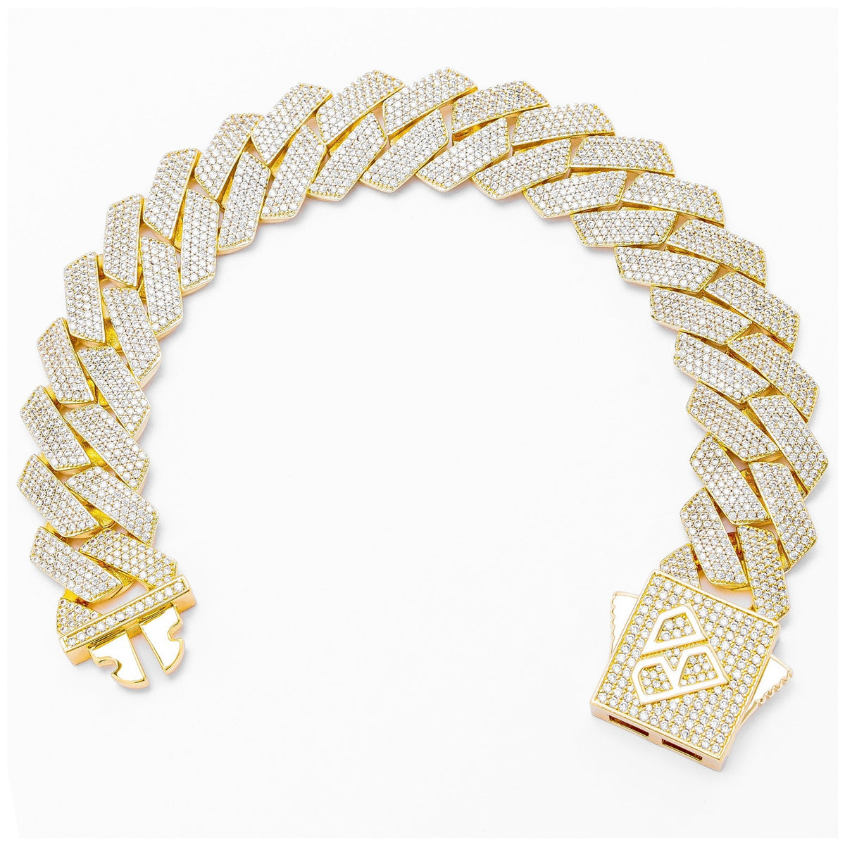 Side angle view of 20MM iced out gold Cuban link bracelet with cubic zirconia stones