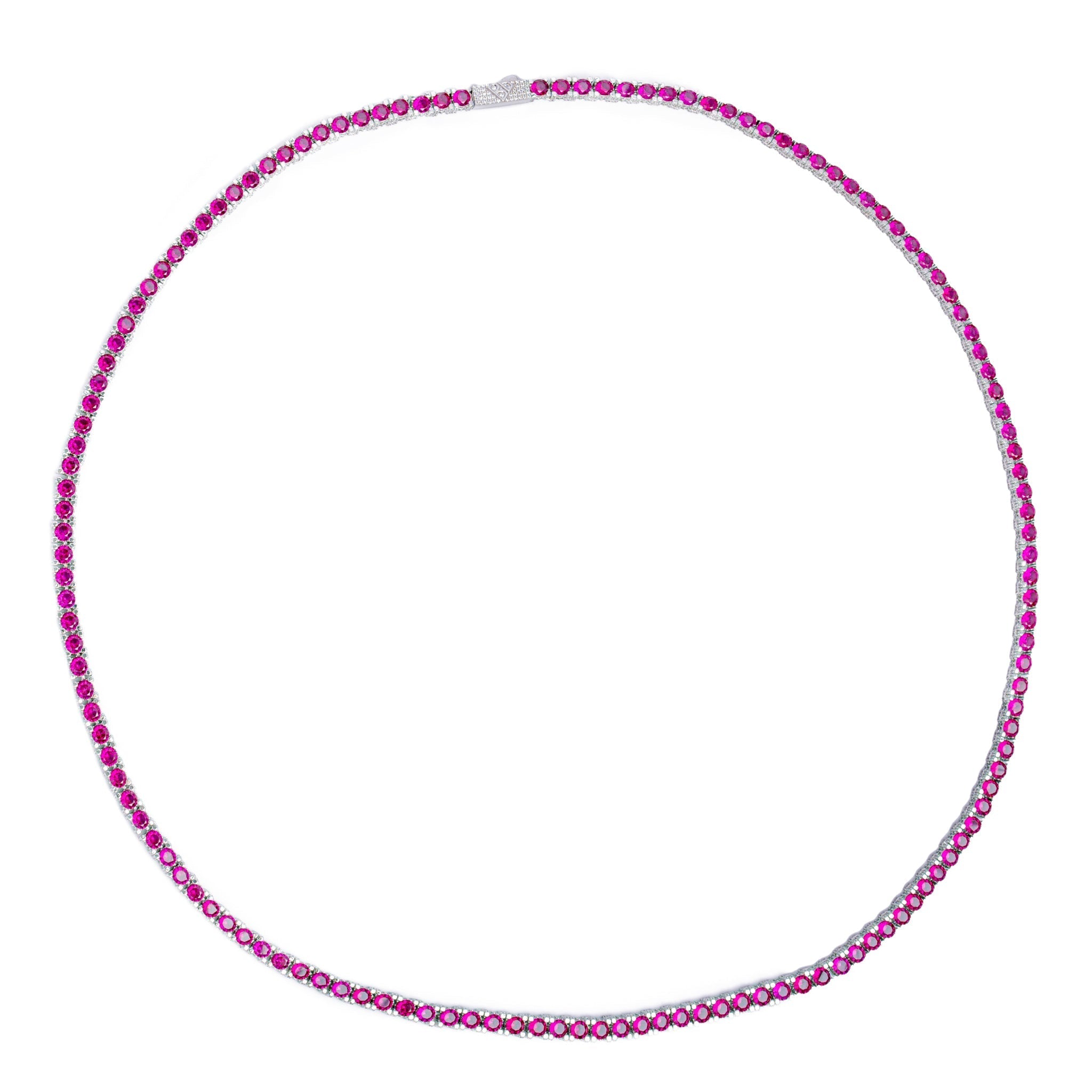 Complete view of Big Daddy 4MM silver ruby tennis chain laid flat