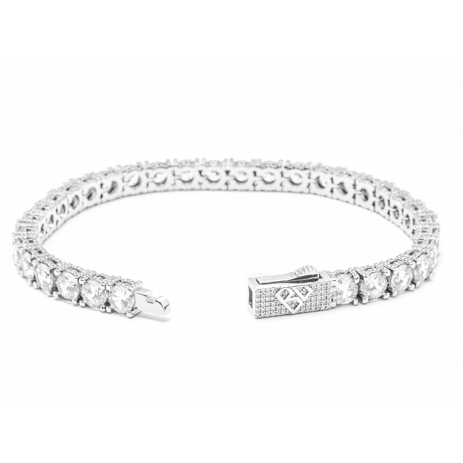Big Daddy diamond tennis bracelet open clasp showing full strand from side angle