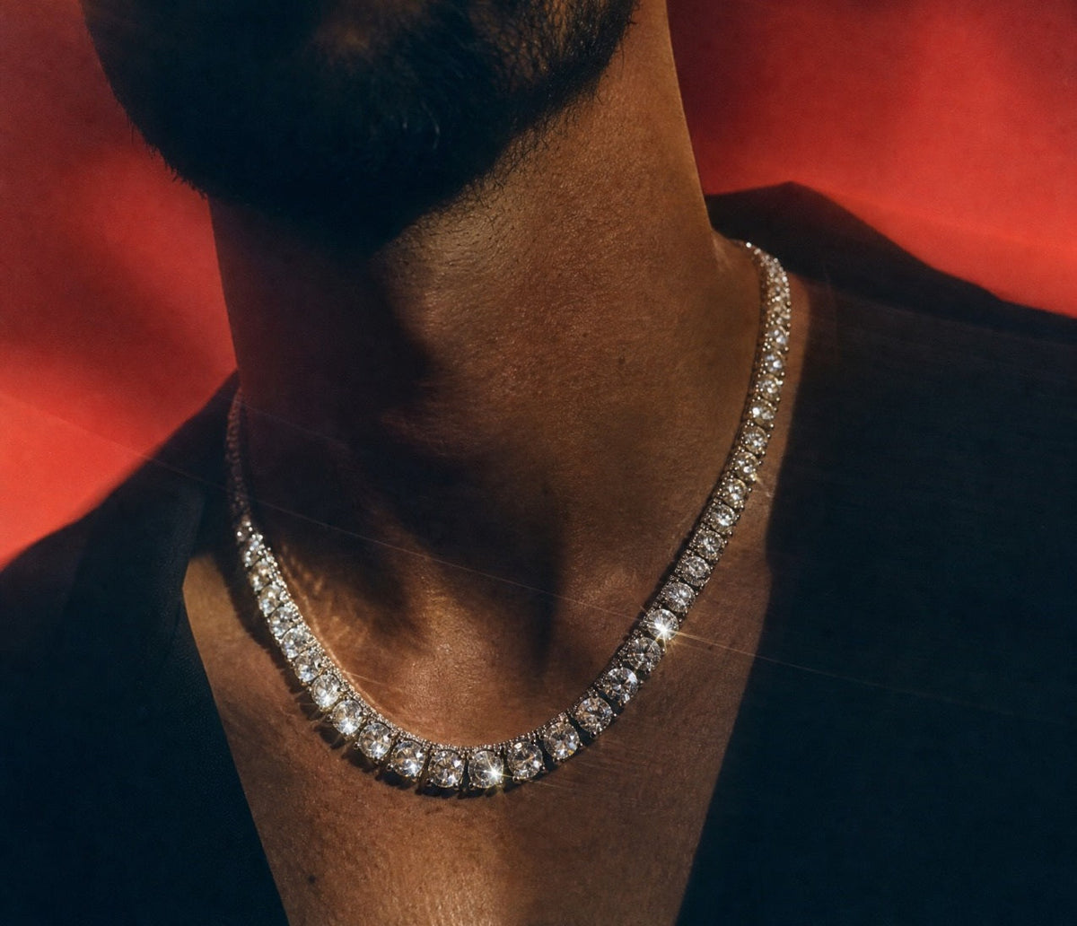 Diamond tennis chain worn on neck, silver with diamond iced-out design