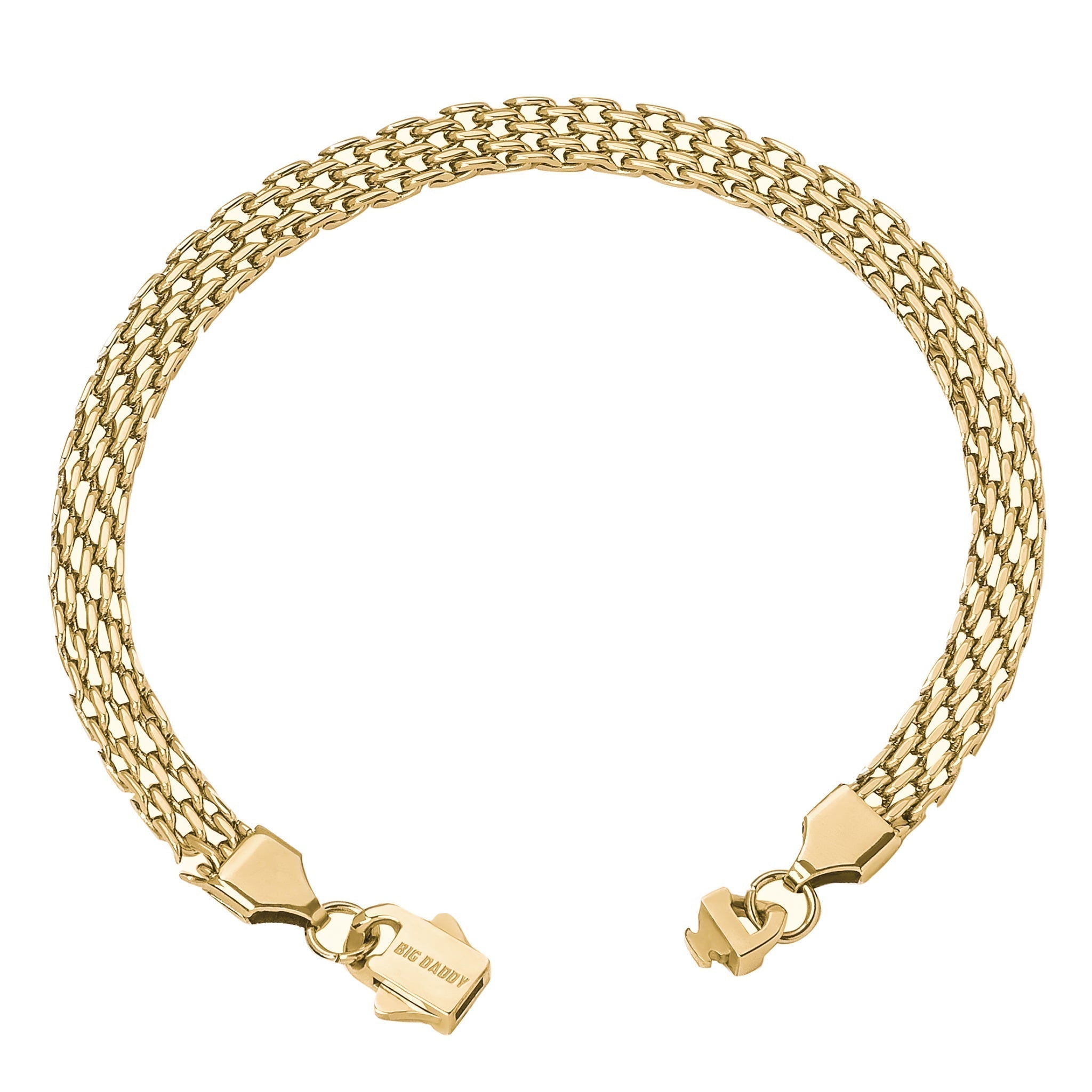 Gold flat herringbone bracelet shown at angle displaying clasp and chain detail