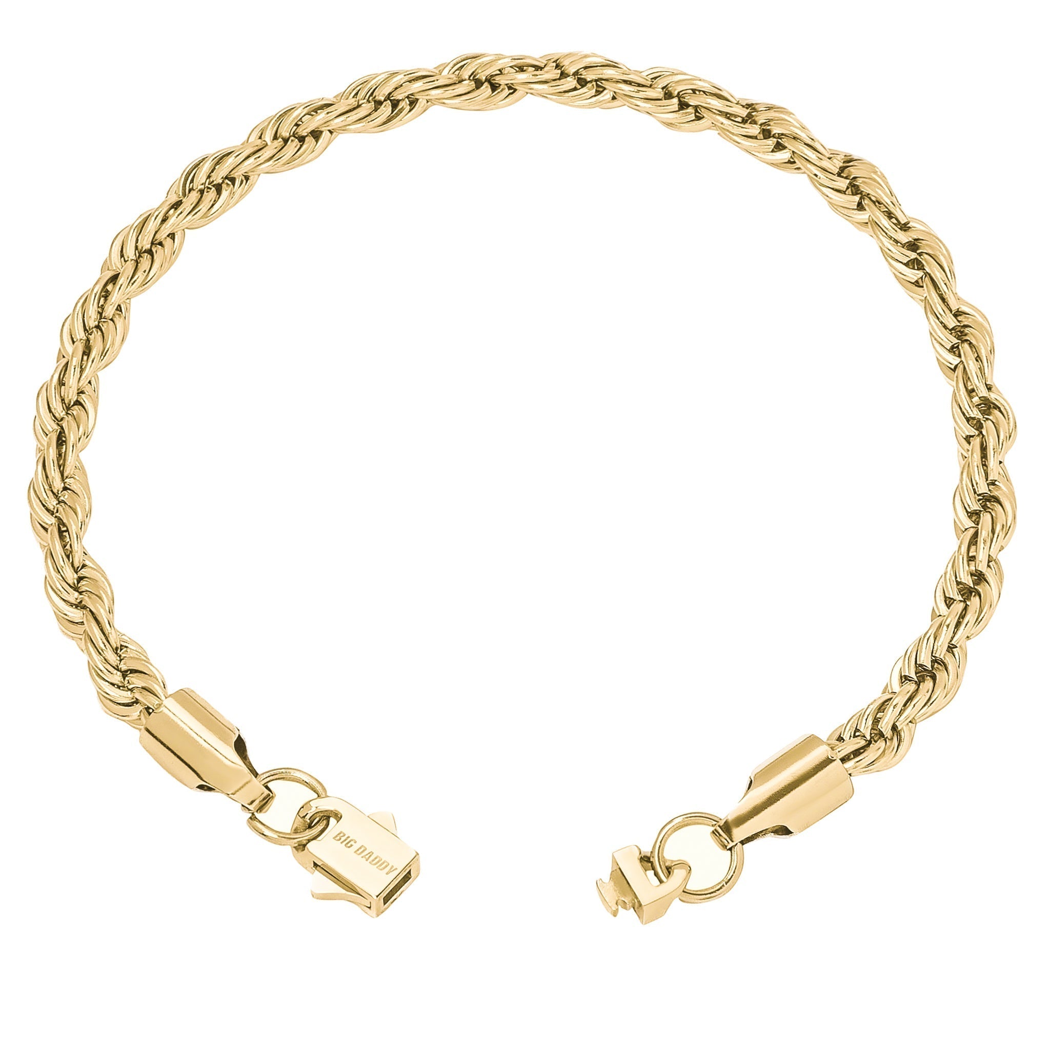 Close-up of gold rope bracelet clasp and chain detail