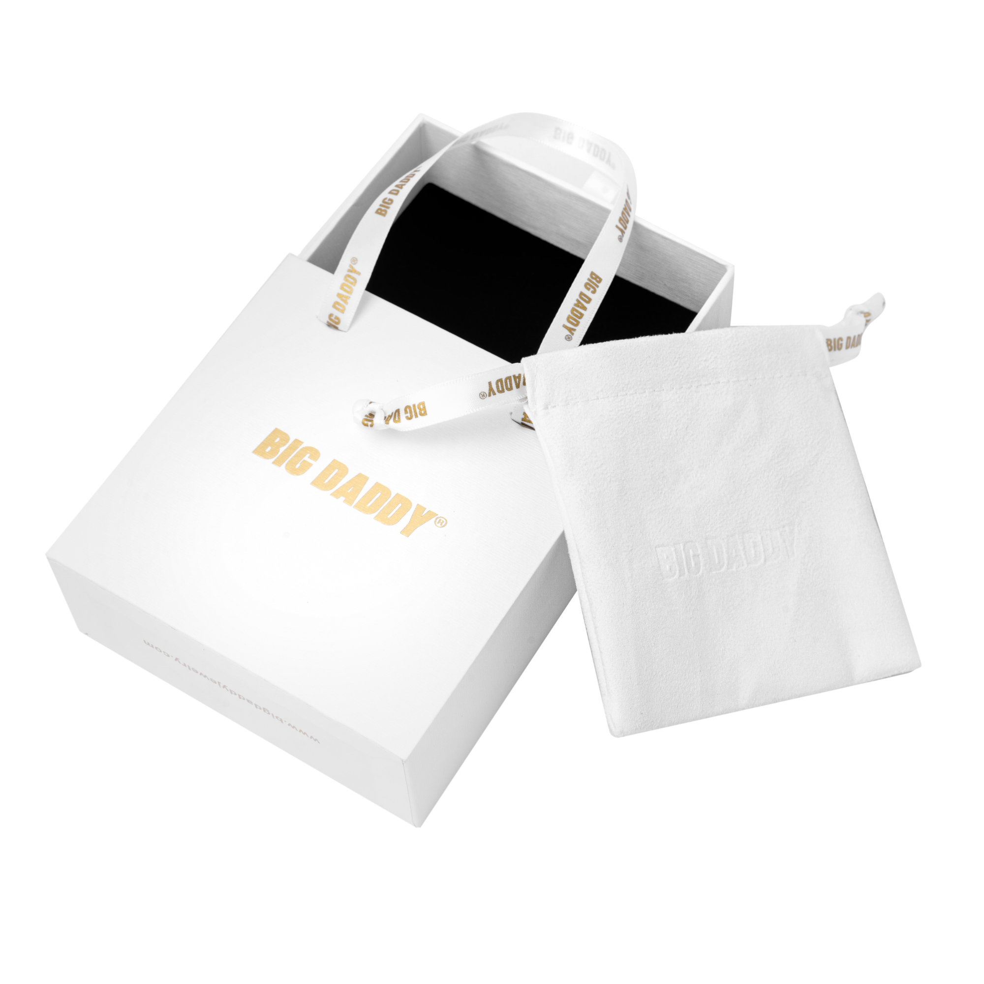 Big Daddy bracelet packaging with white box, tissue wrap, and branded pouch