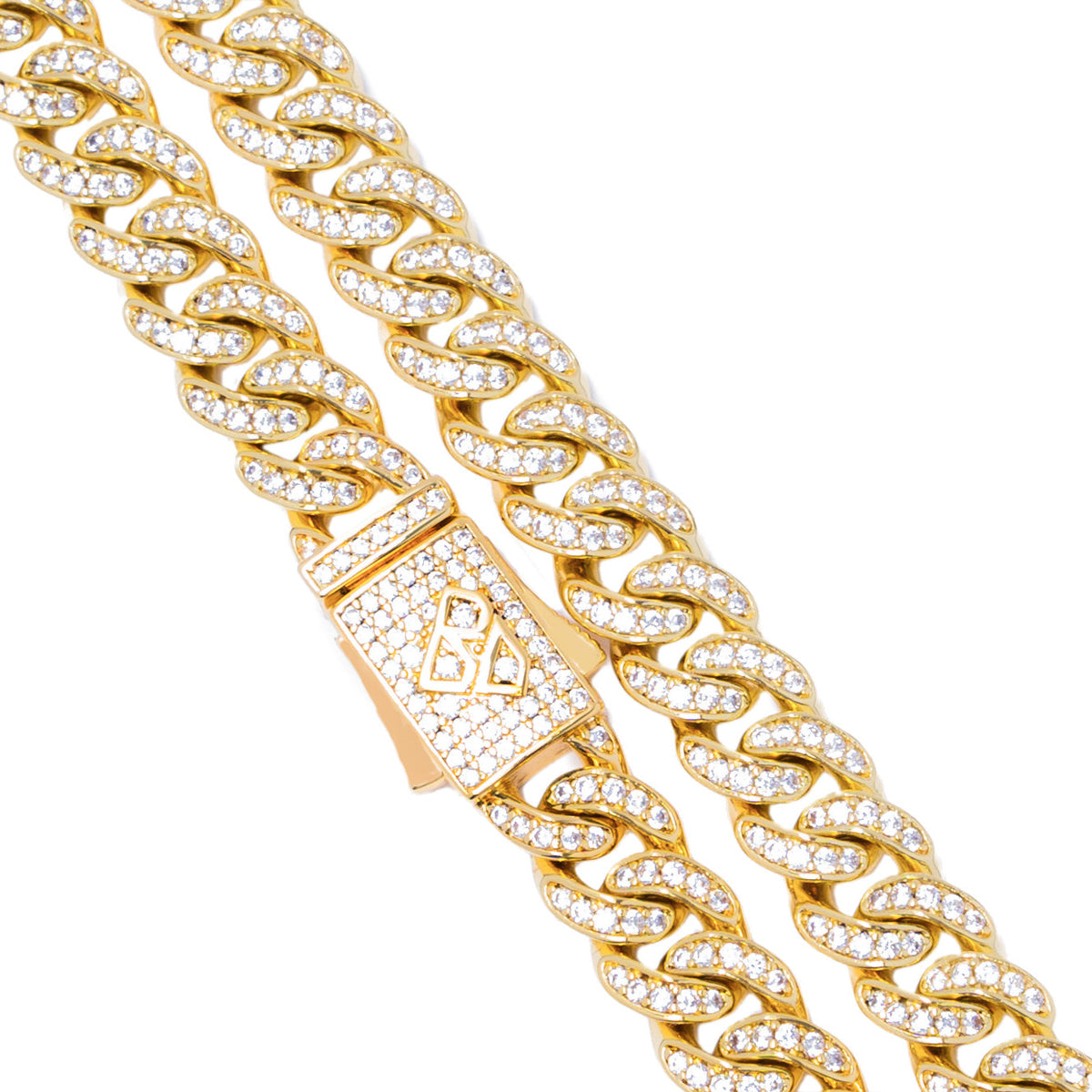 Gold Cuban curb chain detail with crystal-encrusted clasp and links