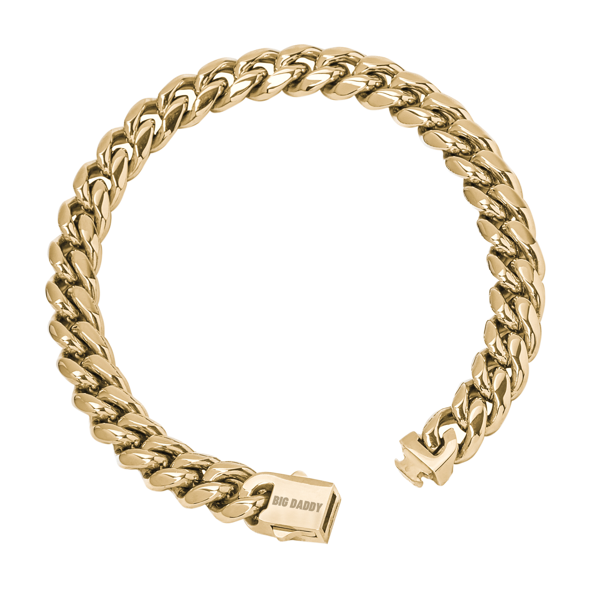 Big Daddy 8MM Cuban link 18K gold bracelet shown open with clasp visible on side