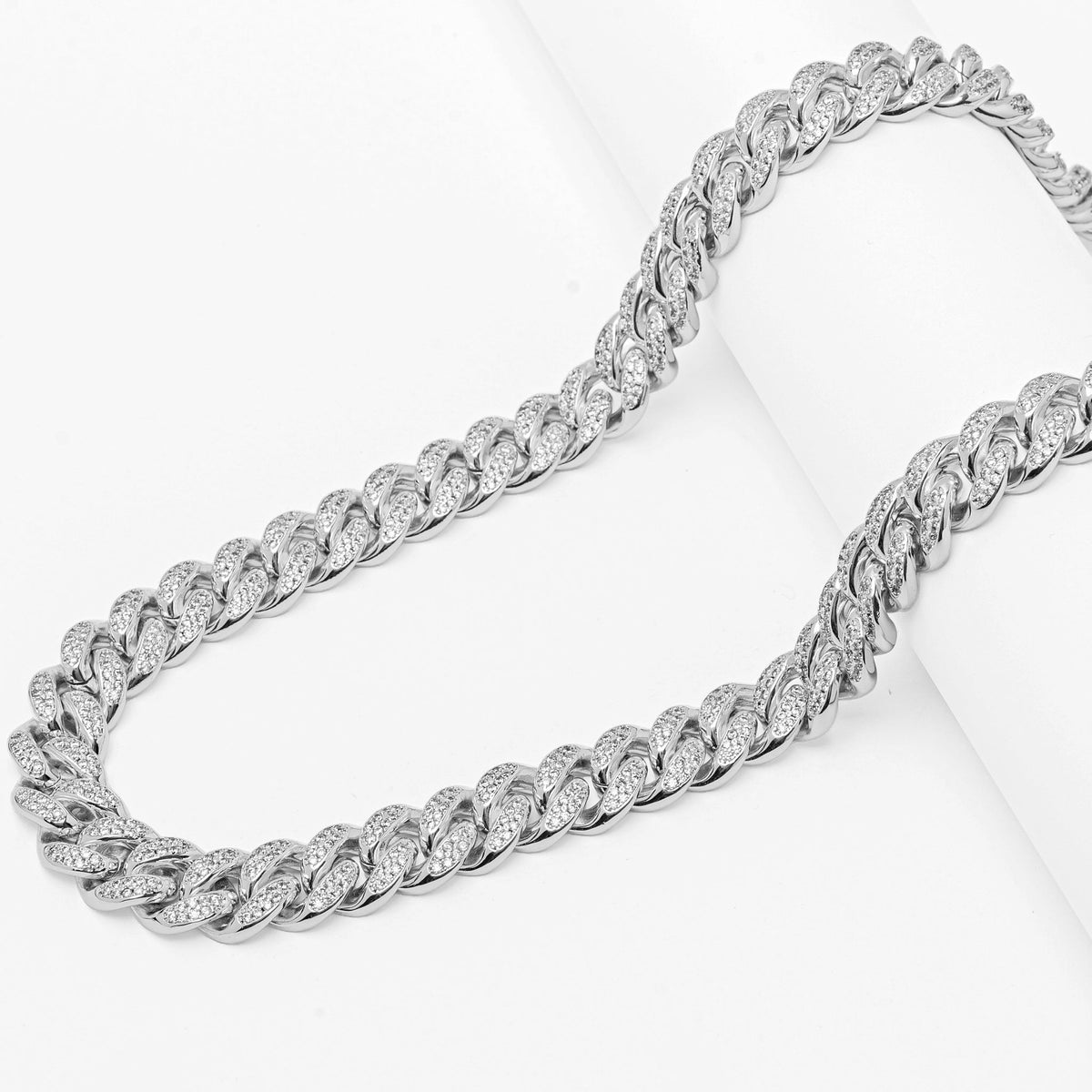 Side view of 8MM Big Daddy Cuban link chain with full iced out crystal detail