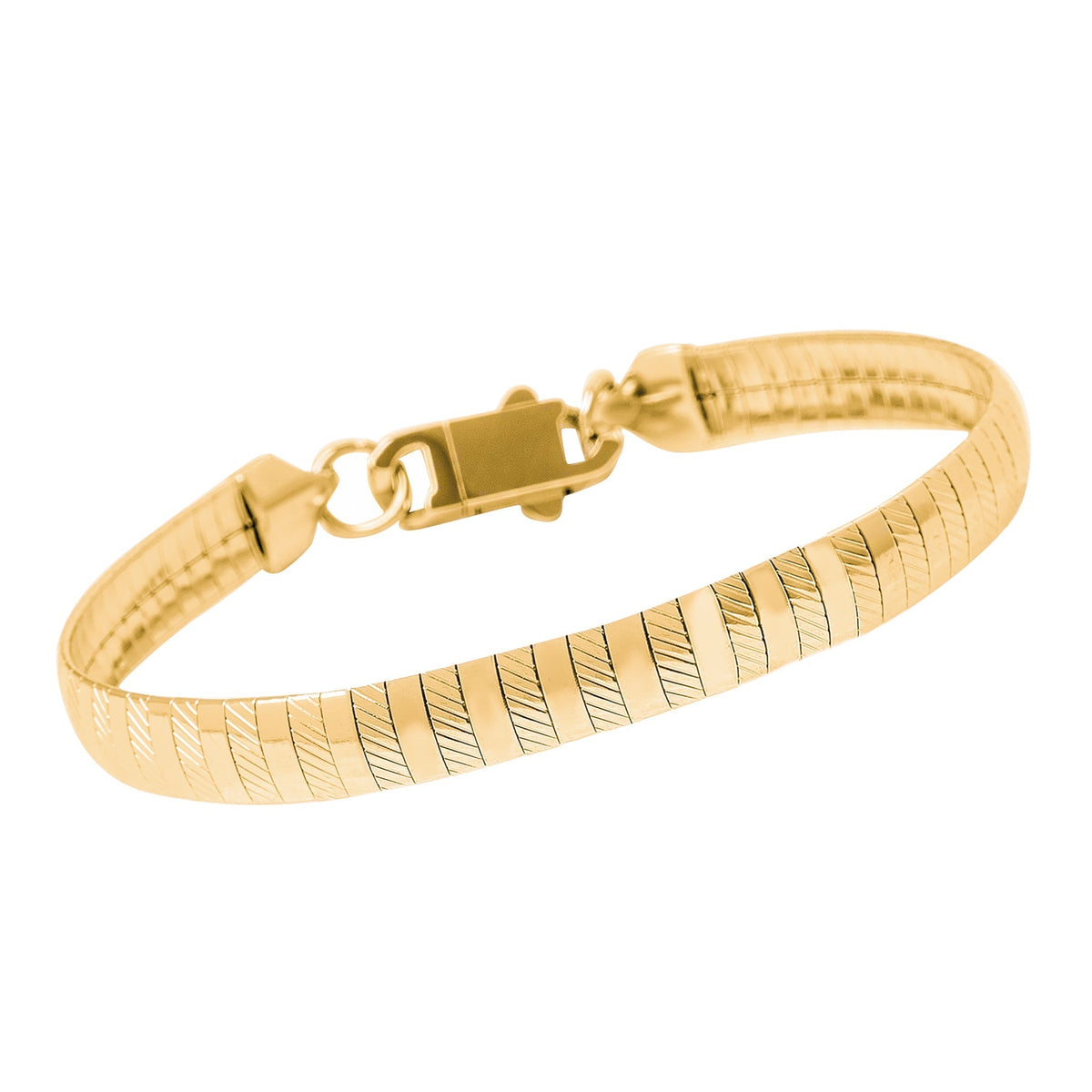 Gold omega bracelet with textured band and gold lobster claw closure