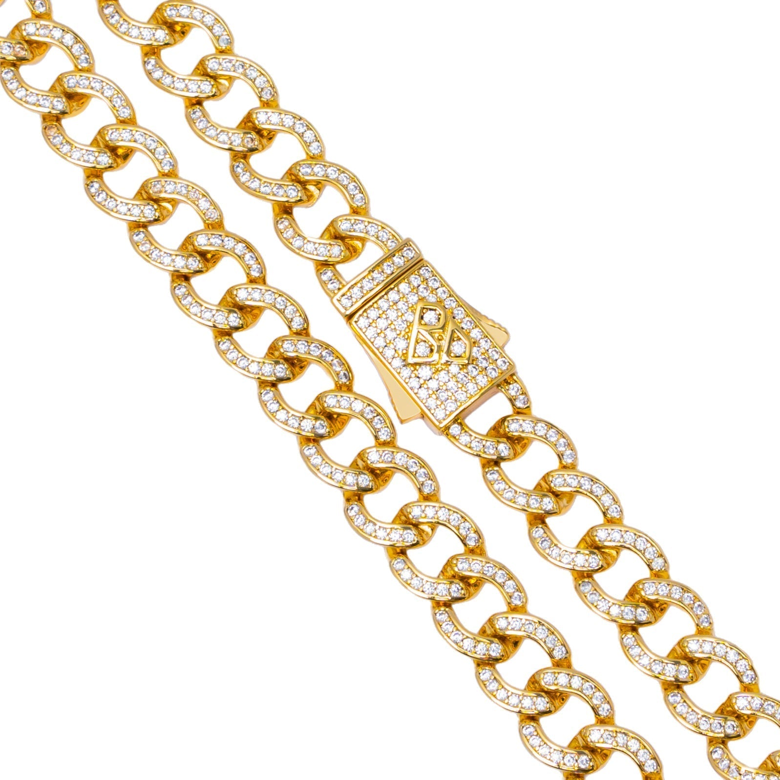 Close-up of 8MM Cuban chain links and diamond-encrusted box clasp detail