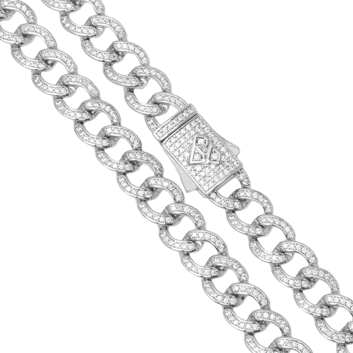 Diagonal view of 8MM iced curb Cuban chain showing diamond-cut detail and metal clasp