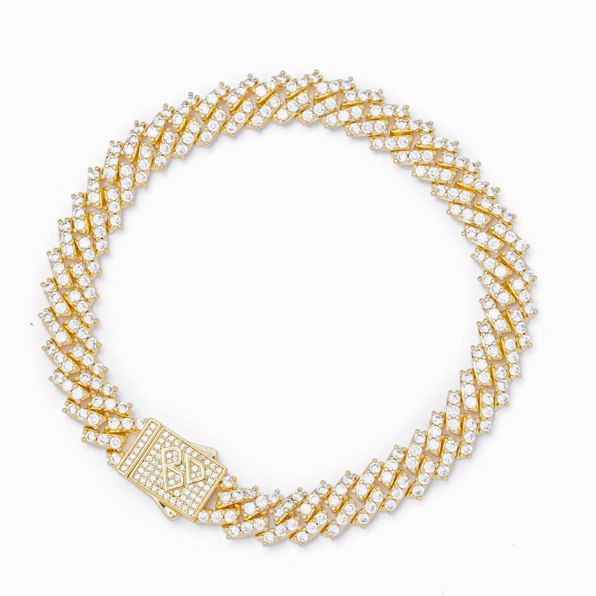 9MM gold Cuban link bracelet with diamond prong settings in geometric pattern