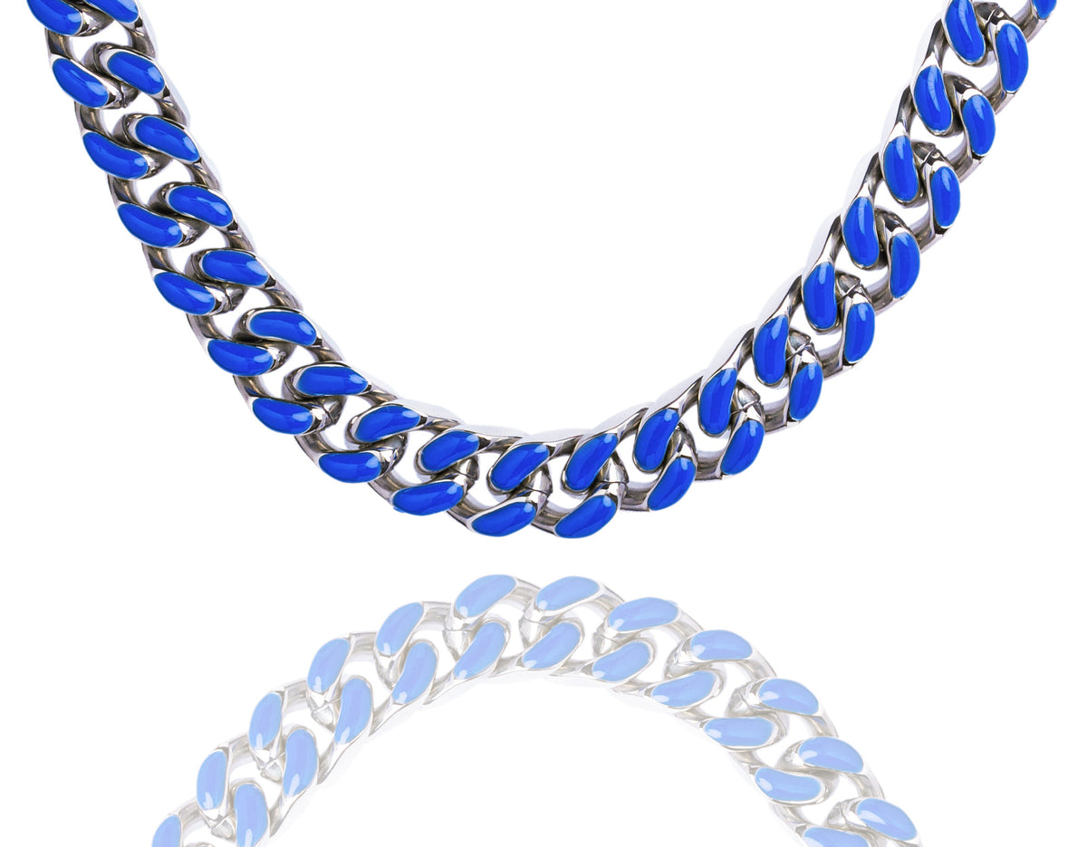 Big Daddy 9MM Cuban chain necklace with blue enamel and steel links displayed on white background