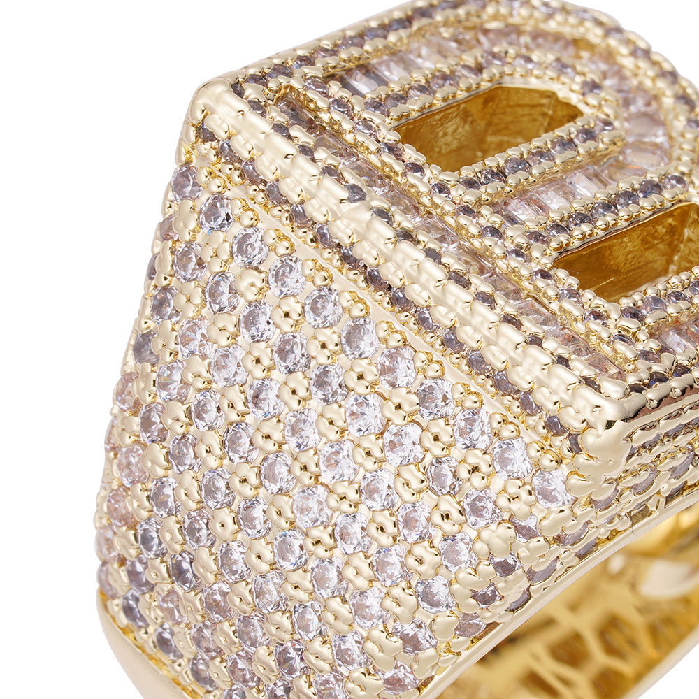 Close-up detail of baguette cut diamonds and pave diamond setting on ring face