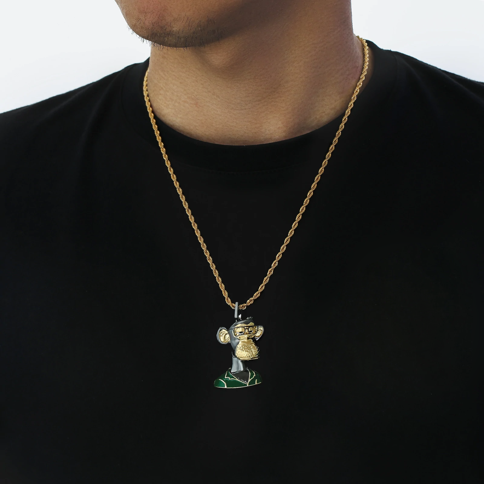 Big Daddy Bored Ape NFT Pendant #9 worn on gold chain necklace