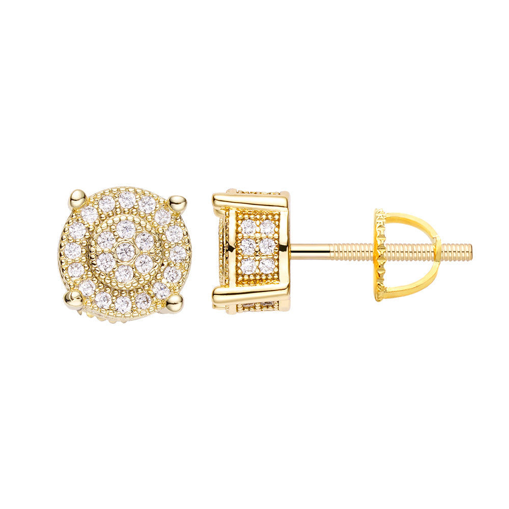 Gold diamond stud earring shown from multiple angles with secure push-back setting