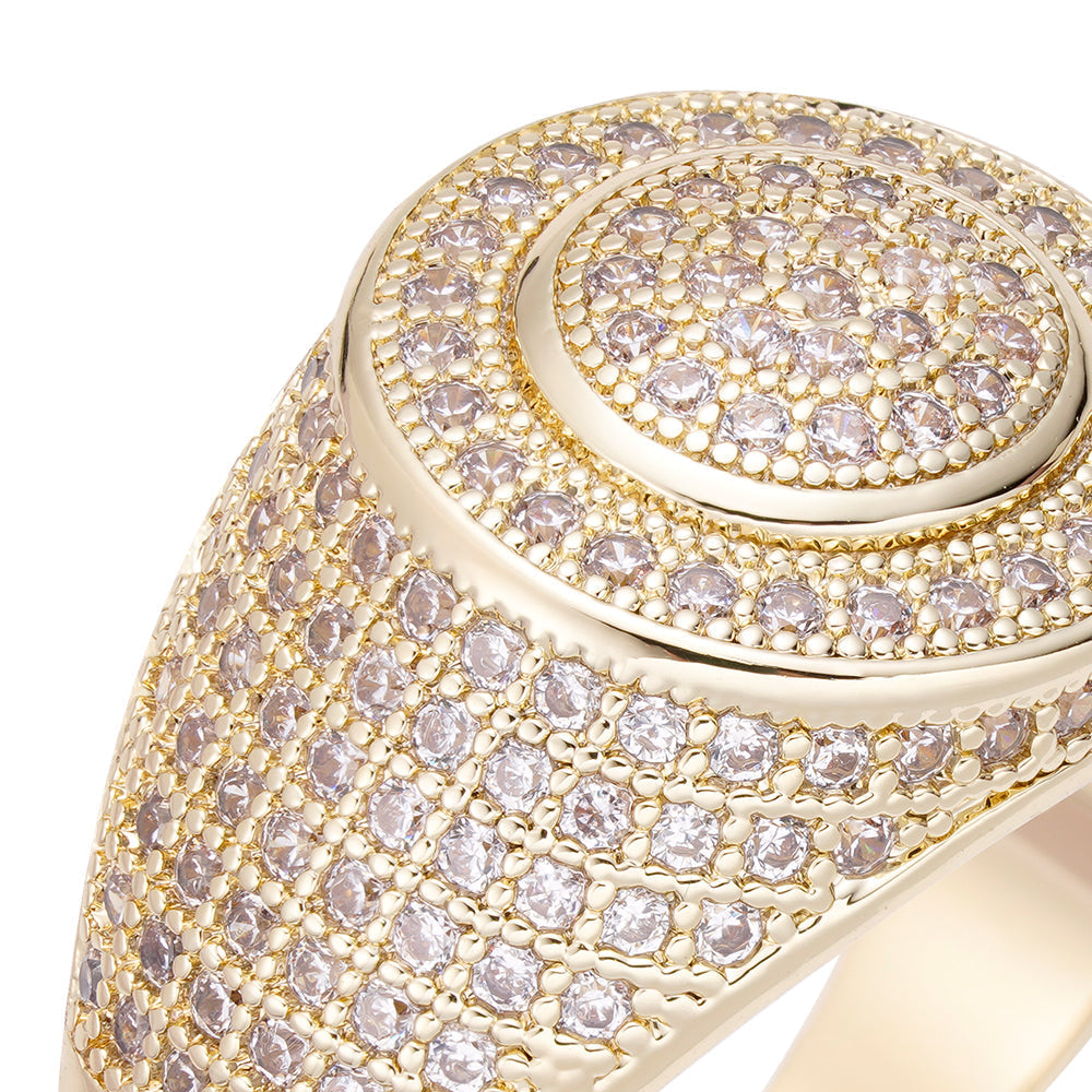 Close-up detail of diamond pavé setting on Gold Digger signet ring top and shank