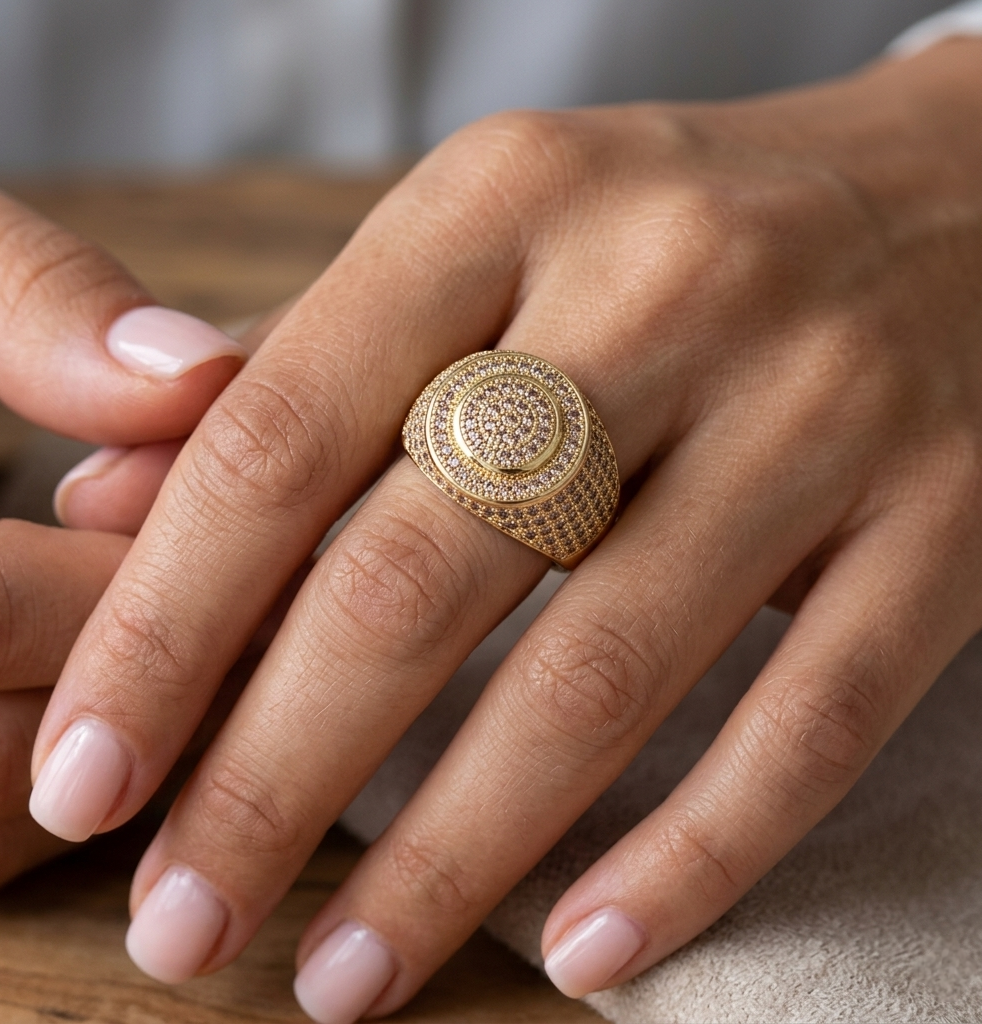 Gold Digger iced out ring worn on hand showing diamond-covered circular signet top