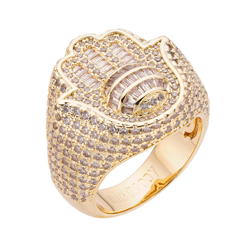 Gold Hamsa Hand Baguette Iced Out Ring with cubic zirconia crystals