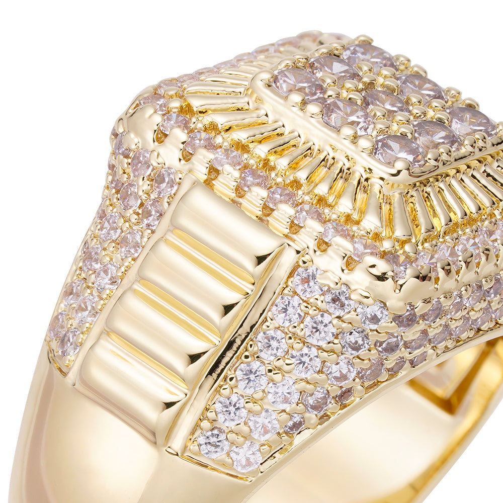 Close-up of square cushion-cut face with round diamond settings and baguette details