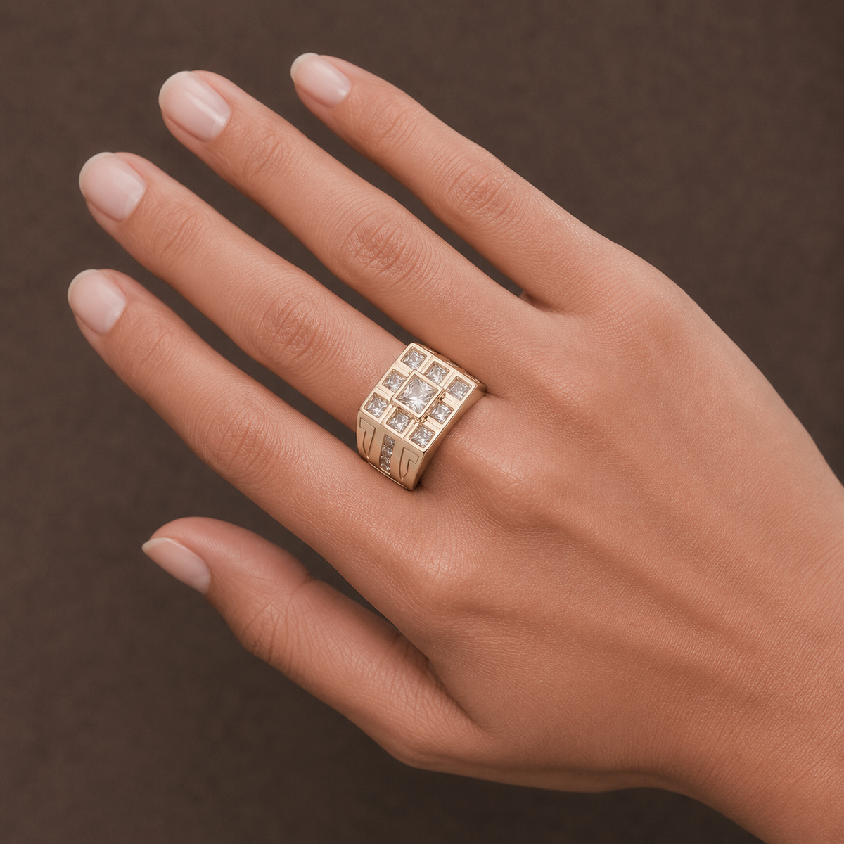 Big Daddy Stellar diamond ring worn on hand displaying grid pattern iced-out design