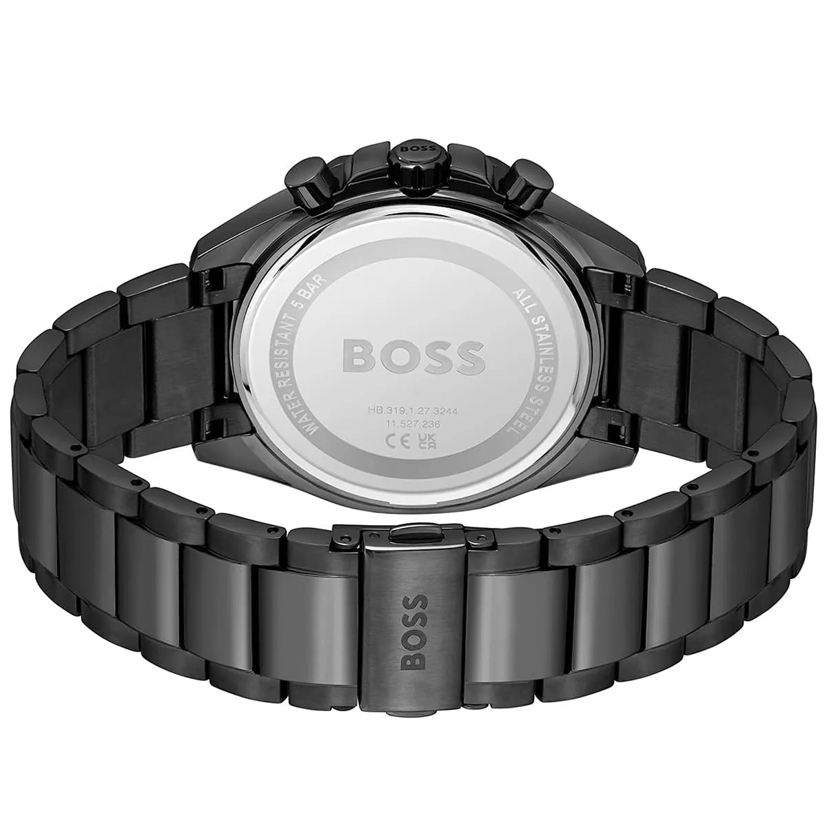 BOSS watch caseback showing engraved logo and case specifications on black steel