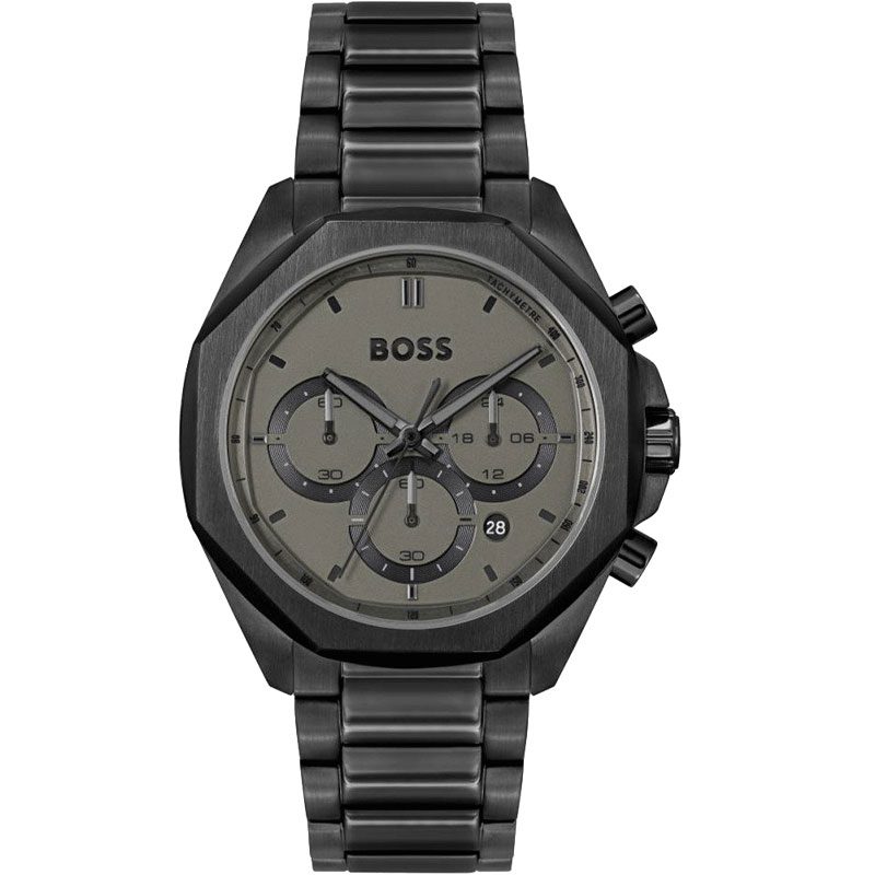 BOSS chronograph men's watch with black steel case and grey dial featuring three subdials