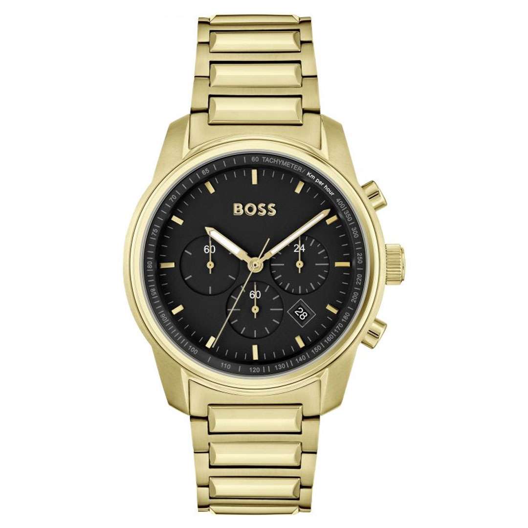 Hugo BOSS Trace chronograph watch with gold case, black dial, and gold bracelet