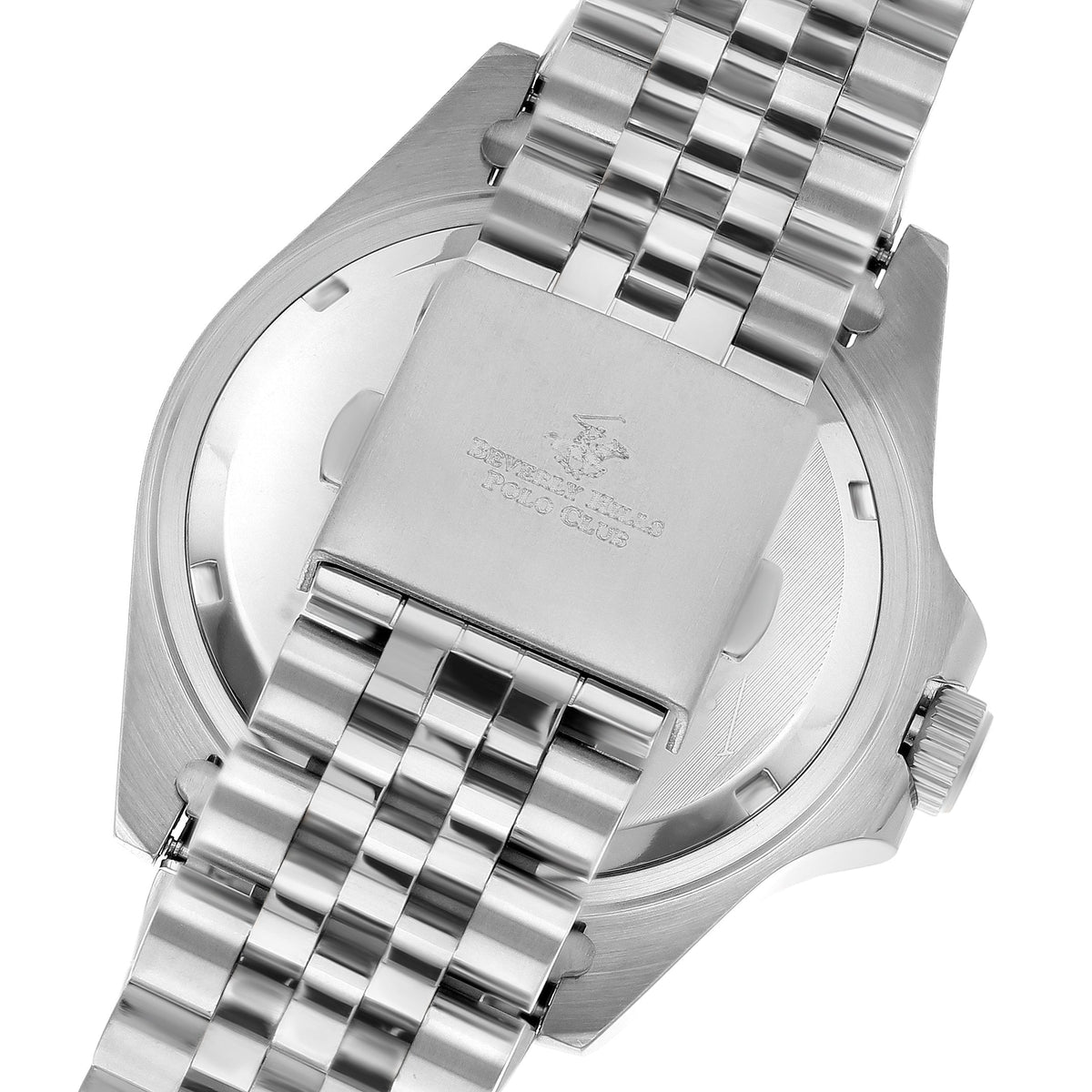 Caseback of BP3126X.390 Beverly Hills Polo Club watch with stainless steel engraved plate and bracelet