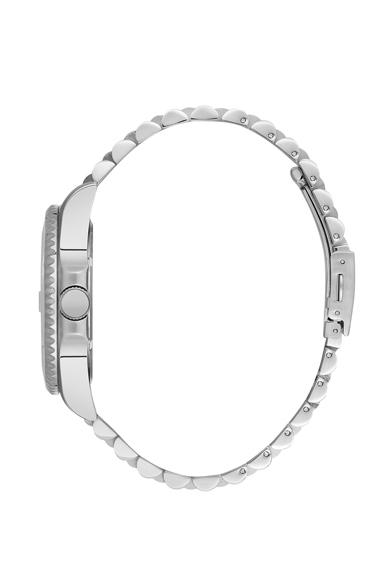Side view of BP3126X.390 watch showing silver-tone stainless steel three-link bracelet and case profile