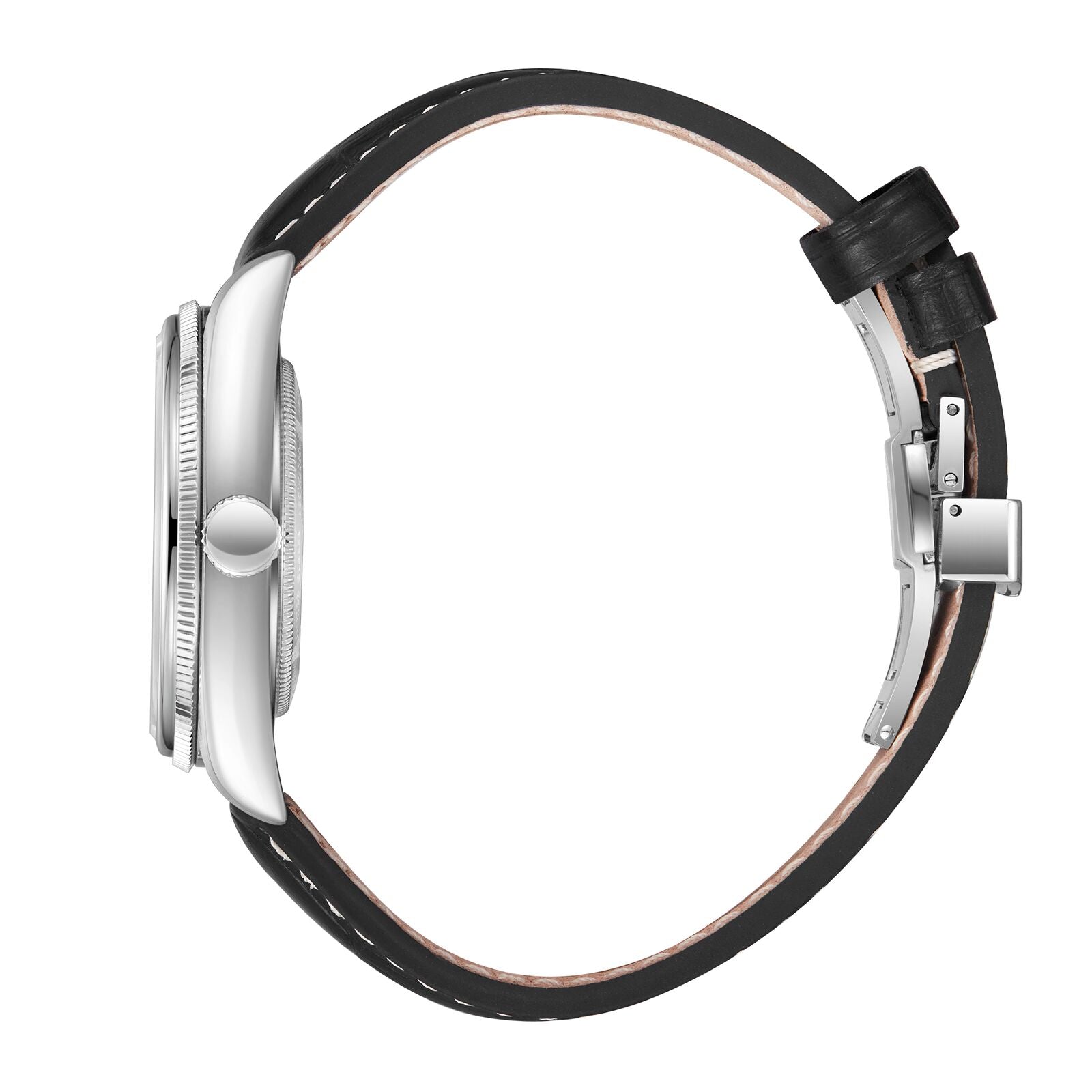 Beverly Hills Polo Club watch side view showing silver case and black leather strap with white stitching