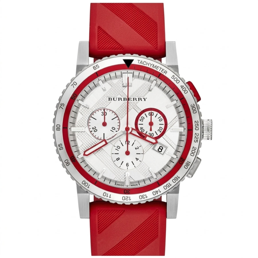 Burberry City Sport Chronograph White Dial Red Rubber Strap Watch For Men - BU9809