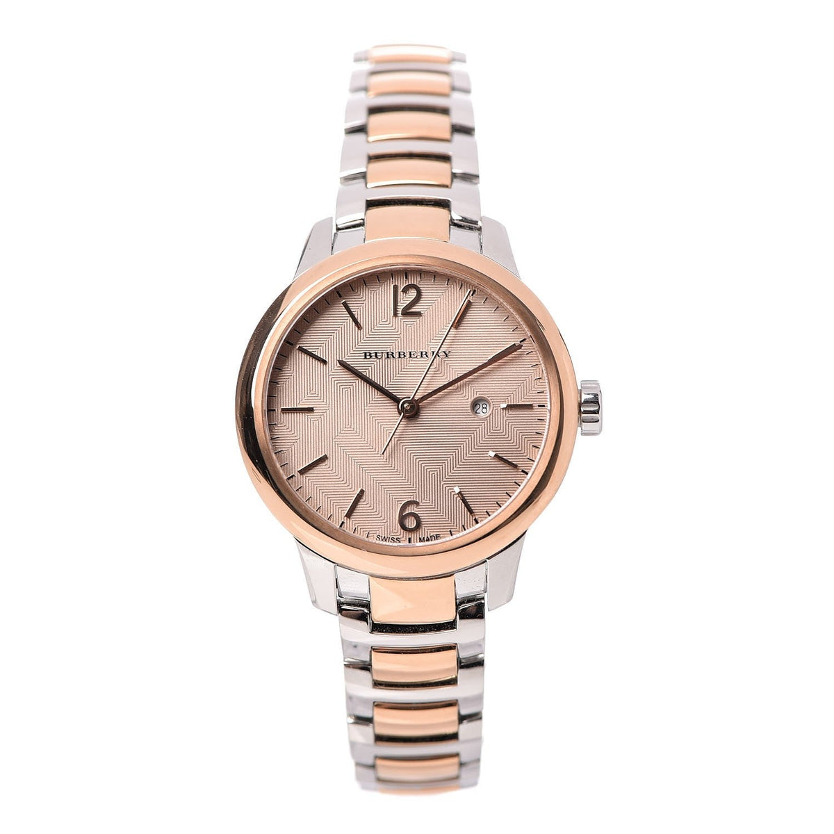 Burberry The Classic BU10117 women's watch face with rose dial, rose gold bezel and two-tone bracelet
