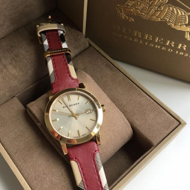 Burberry The City Check Maroon Leather Womenβs Watch BU9017 - Watch