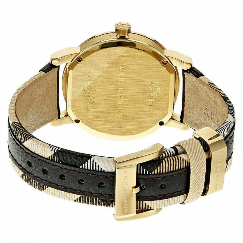 Burberry Menβs Swiss Made Quartz Black Check Stamped Leather Strap Gold Dial Men's Watch BU9032 - The Watches Men & CO #3