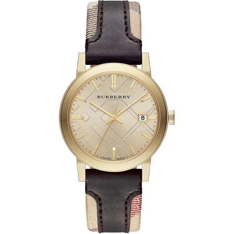 Burberry Menβs Swiss Made Quartz Black Check Stamped Leather Strap Gold Dial Men's Watch BU9032 - The Watches Men & CO