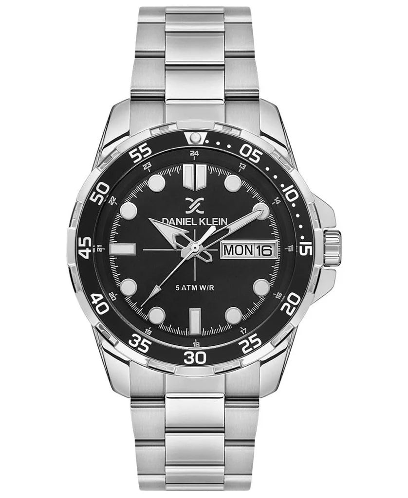 Daniel Klein Premium watch front view showing black dial with day-date and silver metal band
