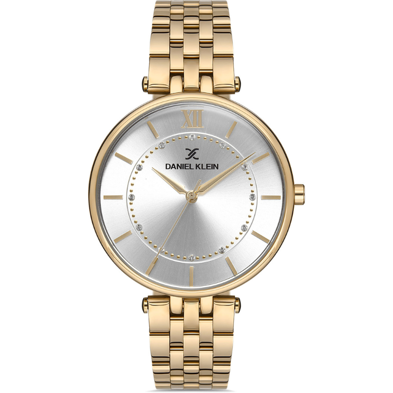 Daniel Klein women's watch angled view showing white dial, gold case and bracelet