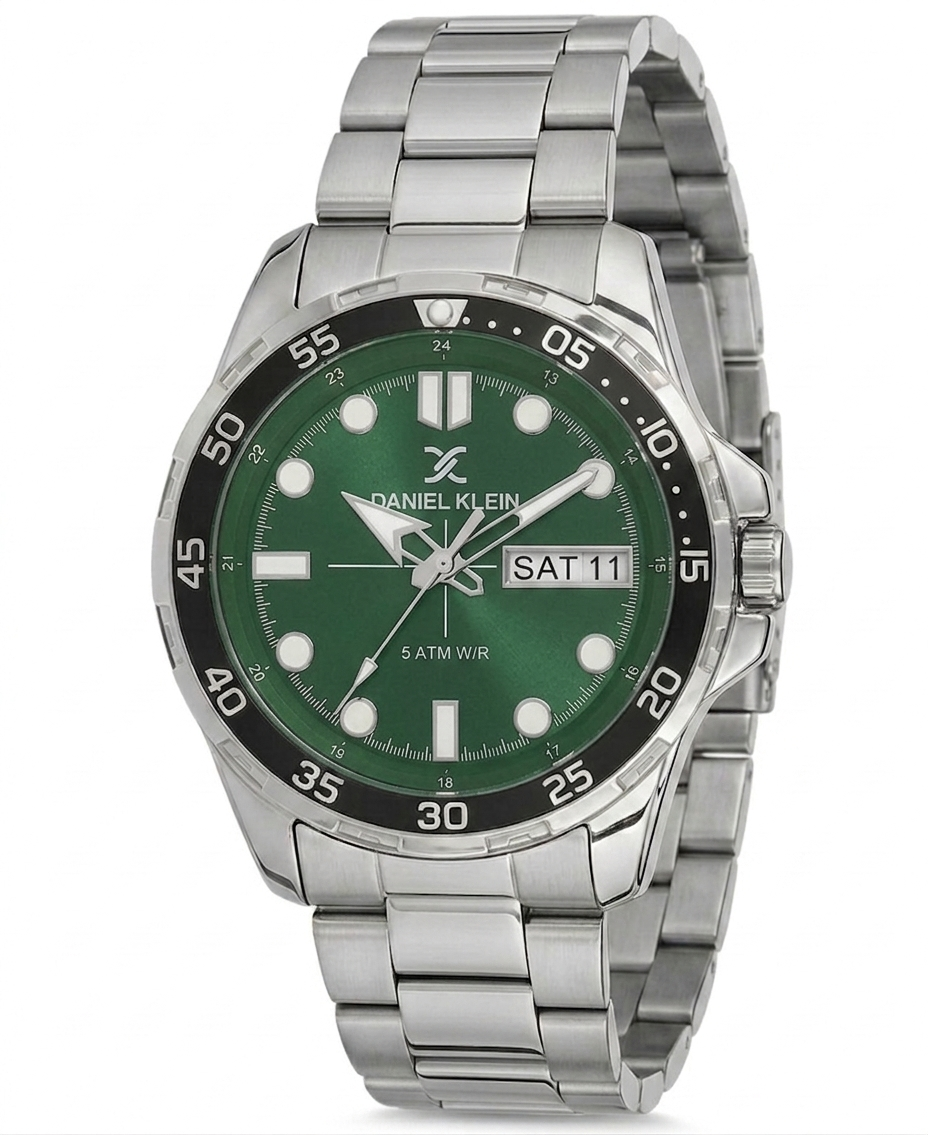 Daniel Klein Premium Day Date Window Green Dial Silver Watch - DK.1.13884-2
