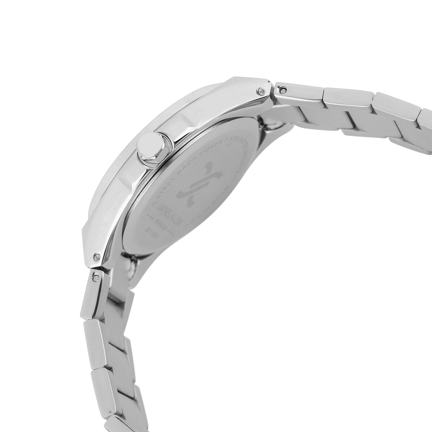 Side profile of Daniel Klein Elite watch with silver case and bracelet